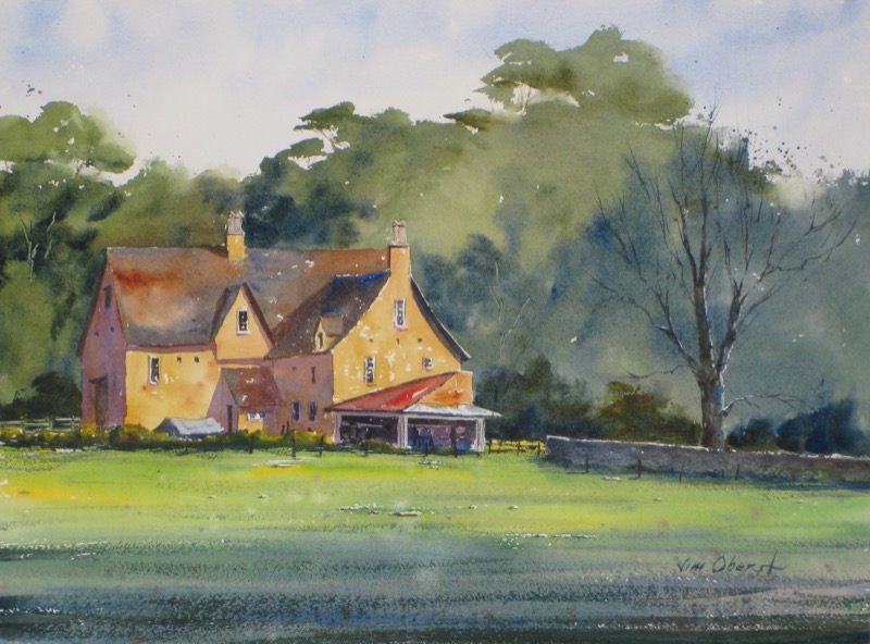landscape, farm, house, england, uk, cotswolds, original watercolor painting, oberst